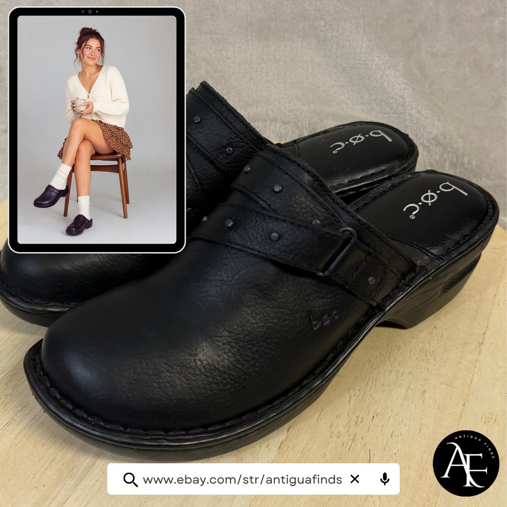 B.O.C. Women Black Leather Studded Crisscross Strap Clogs Mules Size 10M Z47103